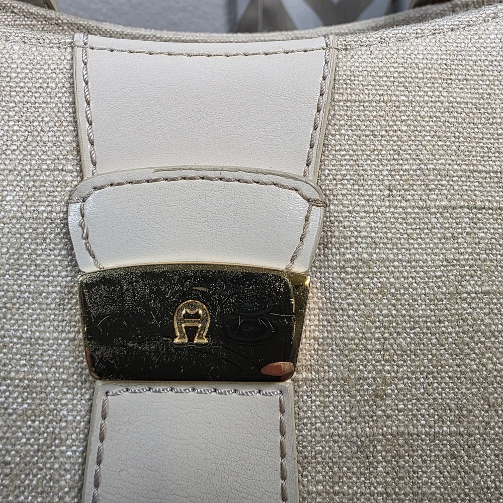 Etienne Aigner Cream and Tan Linen Shoulder Bag.